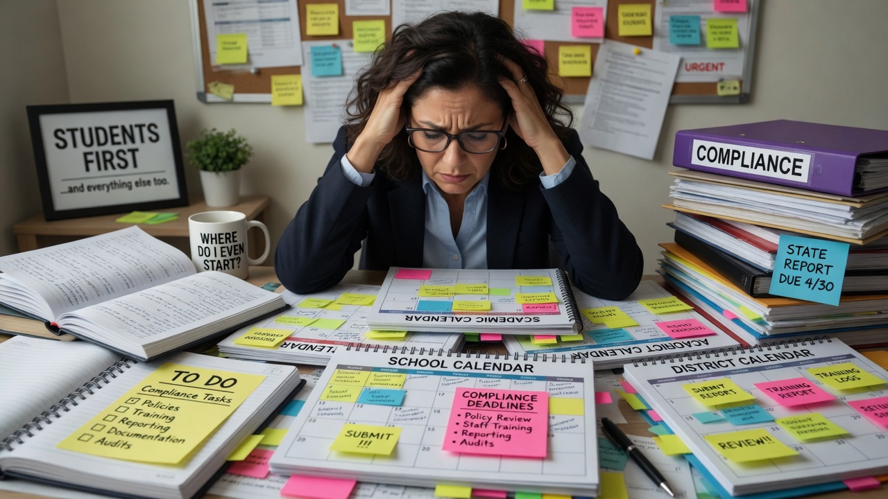 Charter school leader organizing compliance calendars, reporting deadlines, and required tasks