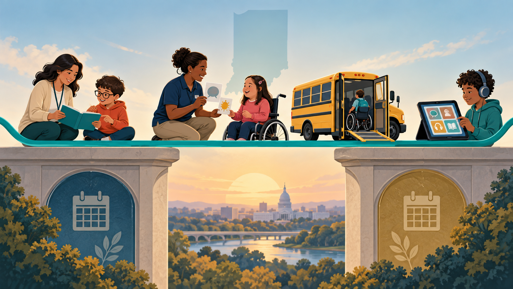Indiana special education students and service providers connected across two fiscal years by a continuous line representing Maintenance of Effort